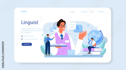 Translator web banner or landing page. Linguist translating document