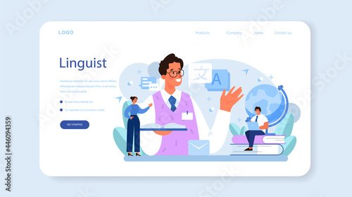 Translator web banner or landing page. Linguist translating document photo