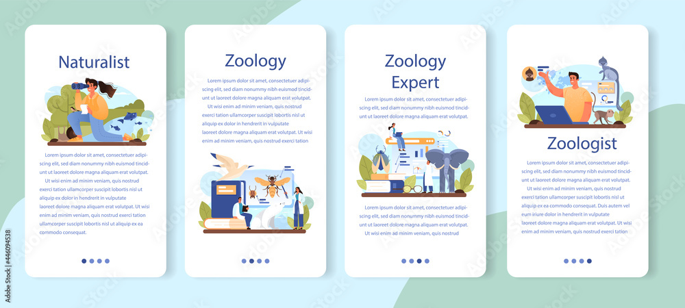 Zoologist mobile application banner set. Scientist exploring and studying fauna