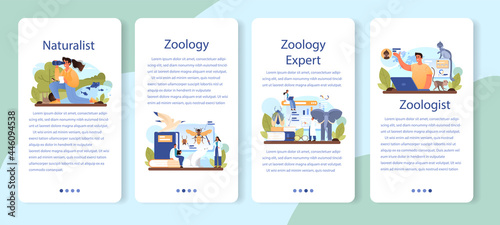 Zoologist mobile application banner set. Scientist exploring and studying fauna