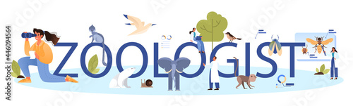 Zoologist typographic header. Scientist exploring and studying fauna