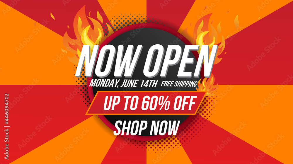 Now open shop or new store red and orange color fire sign on black background.Template design for opening event.Can be used for poster ,flyer , banner. Now open shop or new store red and orange color fire sign on black background.Template design for opening event.Can be used for poster ,flyer , banner.