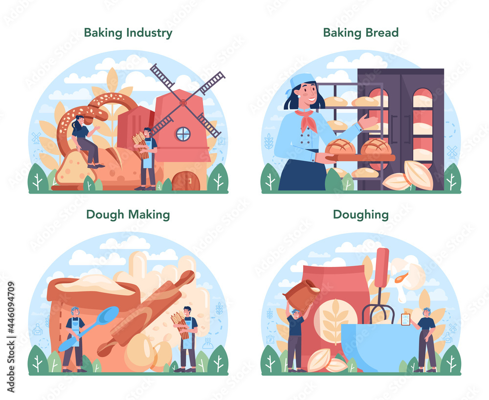 Baking industry concept set. Pastry baking process and retail.