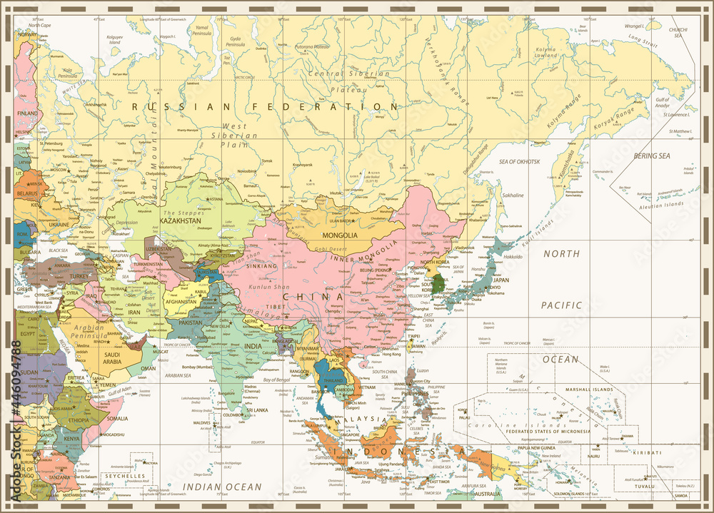 Old vintage map of Asia