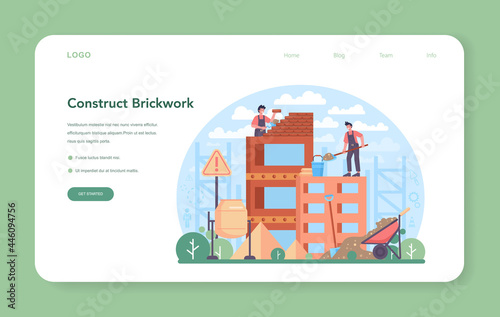 Bricklayer web banner or landing page. Professional builder constructing