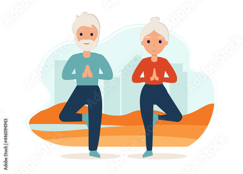 Senior couple goes in for sports on the street. Yoga practice. Illustration in flat style. Old man and woman are active outdoor	