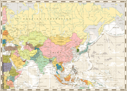 Old vintage map of Asia and bathymetry