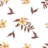 Watercolor hand painted nature autumn plants seamless pattern with beige dogrose flowers and brown rosehip leaves on branch isolated on the white background for print design