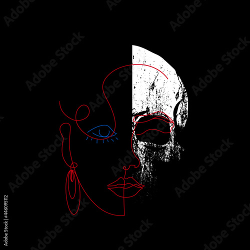 linear portrait of a woman with a skull face. Design for posters or stickers with aesthetics of the eighties