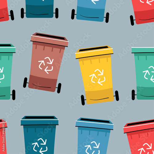 Color Recycle bin with recycle symbol icon isolated seamless pattern. Trash can icon. Garbage containers sign. Recycle basket sign. Vector illustration © Pictulandra