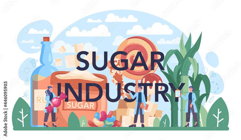 Sugar industry typographic header. Saccharose and fructose extracted