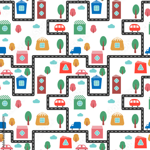 Colorful seamless pattern with cute houses, cars, trees and road. Town vector illustration.