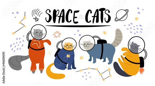 Set of cute doodle space cats in astronaut suits with star constellations, Saturn and other decorative elements