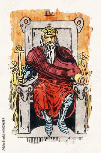 Pintura em aquarela da carta de tarô O Imperador. Ilustração do Arcano Maior de número 4 de baralhos tradicionais de tarô.