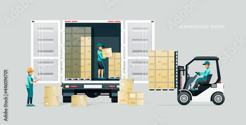 Warehouse workers inspect and deliver goods by truck.