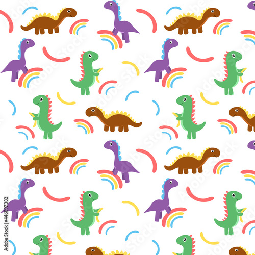 Fototapeta Naklejka Na Ścianę i Meble -   Multicolored childish pattern with dinosaurs and rainbow