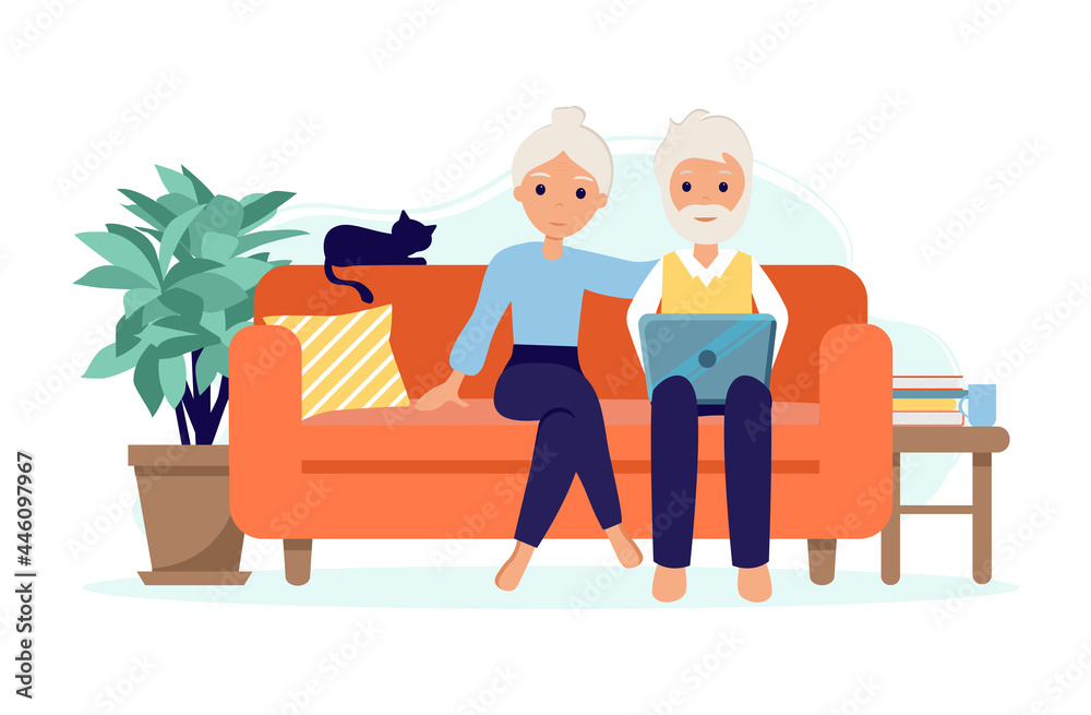 Old couple Stay at home. Senior Man and woman sitting on sofa with laptop. Pensioners with cat. Elderly people during coronavirus outbreak concept. Illustration in flat style