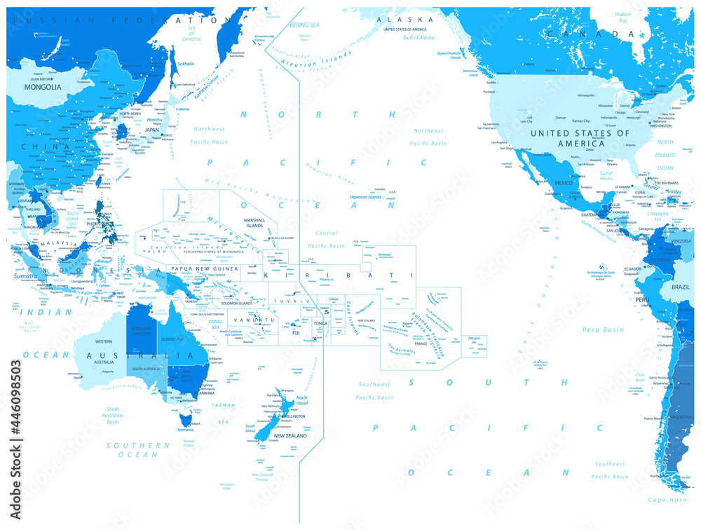 Pacific Ocean Blue Map Isolated on white