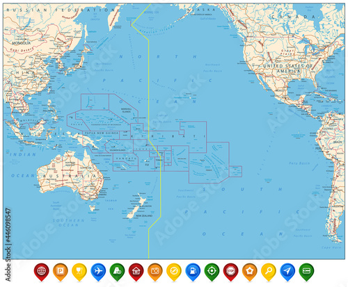 Pacific Ocean Map and Colored Map Icons
