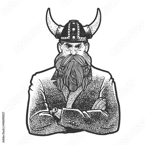Businessman medieval viking line art sketch engraving vector illustration. T-shirt apparel print design. Scratch board imitation. Black and white hand drawn image.