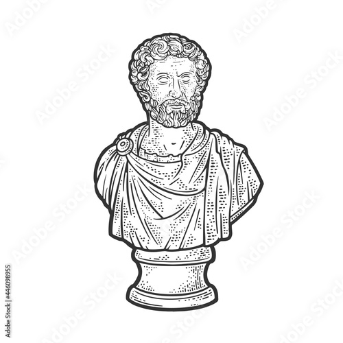 Marcus Aurelius stoic philosopher and roman emperor marble bust line art sketch engraving vector illustration. T-shirt apparel print design. Scratch board imitation. Black and white hand drawn image.