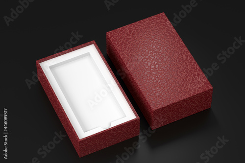 Red leather mobile phone box packaging mockup template isolated on black background, Luxury carton Package Open box and hard cover 3d render