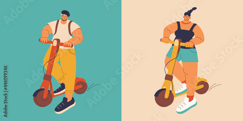 Set of vector illustrations of people on electric scooters. Man and woman on kick scooters. Flat personas trendy for design.