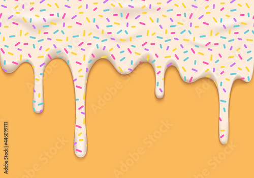 Vector Illustration with Melting White Ice Cream with Sprinkles. Abstract Realistic Food Background