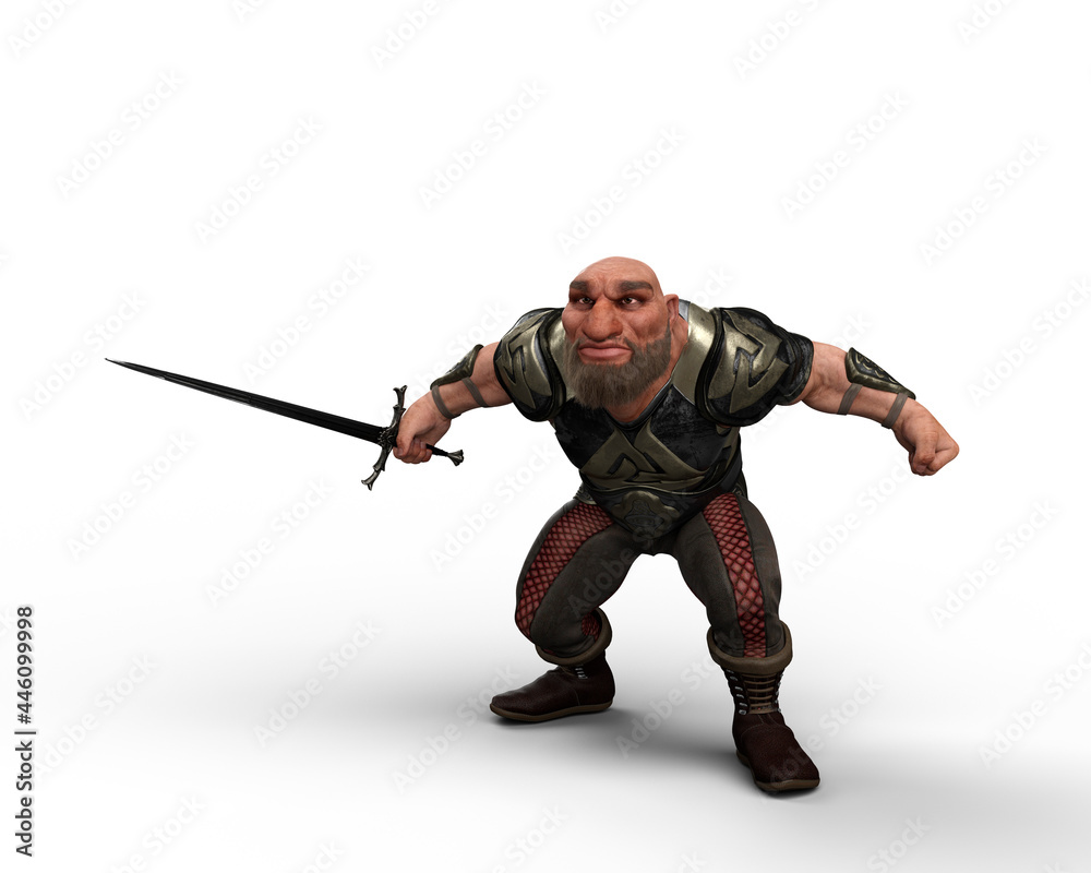 3D illustration of a fantasy dwarf character wearing armour and holding a sword ready to fight isolated on a white background. 3D illustration of a fantasy dwarf character wearing armour and holding a sword ready to fight isolated on a white background.