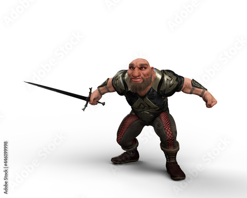 3D illustration of a fantasy dwarf character wearing armour and holding a sword ready to fight isolated on a white background.