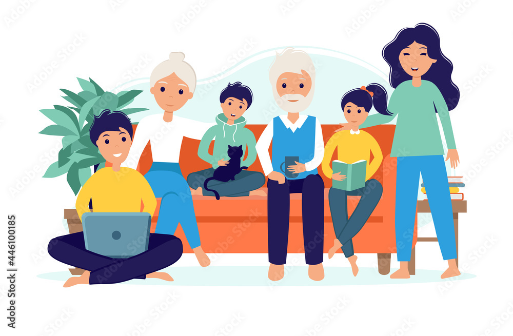 A large friendly family gathered on the couch. Parents, grandparents, children and cat spend time together. A happy family. Illustration in flat style