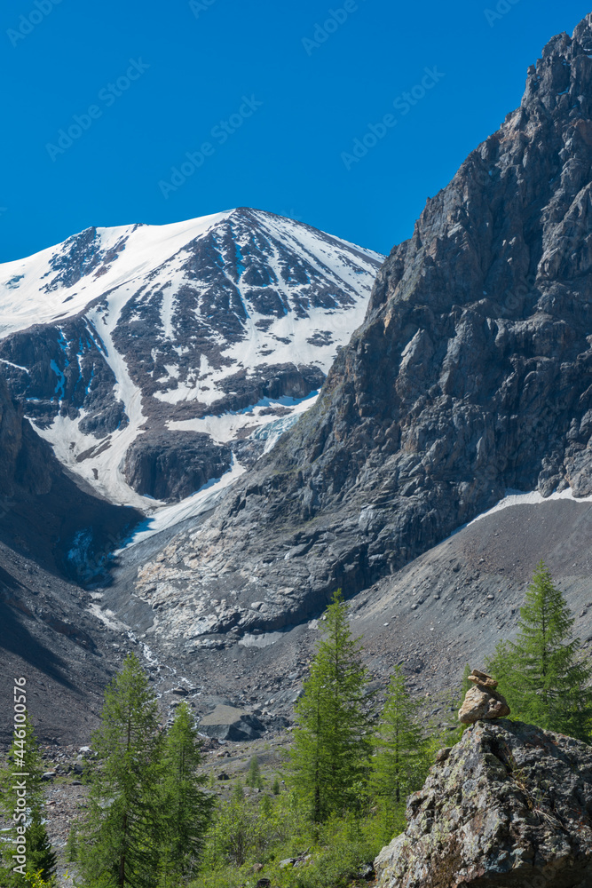 Stone totem on the background of the forest and rocky mountain gorge of the Aktru glacier, vertical Altai photo