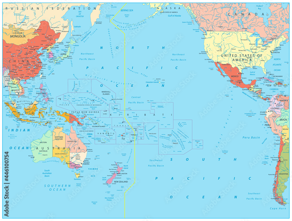 Pacific Ocean Political Map. No bathymetry
