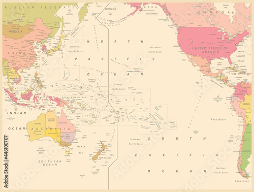 Pacific Ocean Political Map Vintage Color. On white