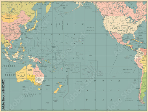 Pacific Ocean Political Map Vinatge Color