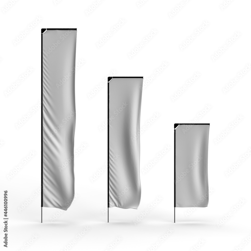 Telescopic Banner Flag 3D Render of 4m, 3m and 2m size side by side
