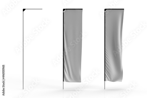 3D render of white photo realistic advertisement banner flag series with System, Still and Waving flag, 3D illustration mock-up with material surface texture. Telescopic Flag.