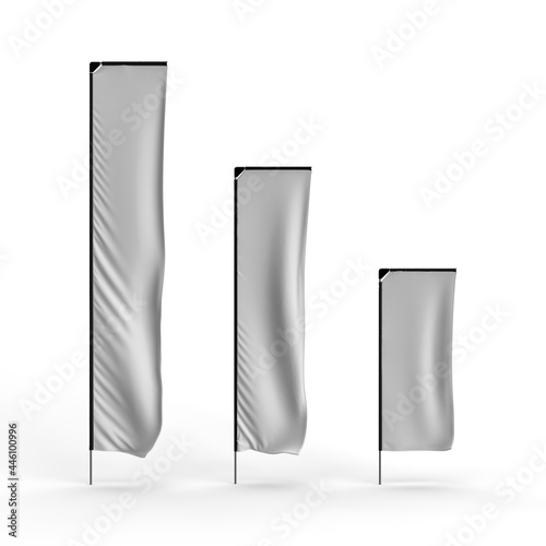 Telescopic Banner Flag 3D Render of 4m, 3m and 2m size side by side with Black Sleeves, White Textile, Aluminum Poles and Black Plastic Corner Piece. Isolated on White for illustration and psd mockup.
