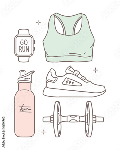 Hand-drawn vector illustration. A set of items. Sports, training, health care. Sports bra, sneakers, smartwatch with lettering "go run", bottle. Linear icons in a minimalist style, fashion sketch.