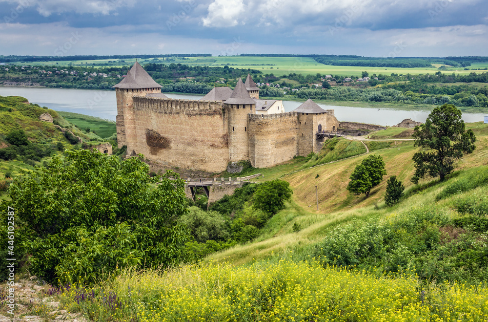 Aerial view with Khotyn Fortress, fortification complex in Khotyn town, Ukraine