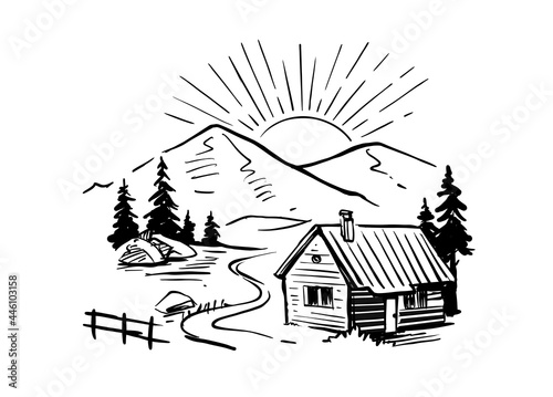 Landscape with large mountains vector. Nature sketch with house. Hand drawn ink illustration
