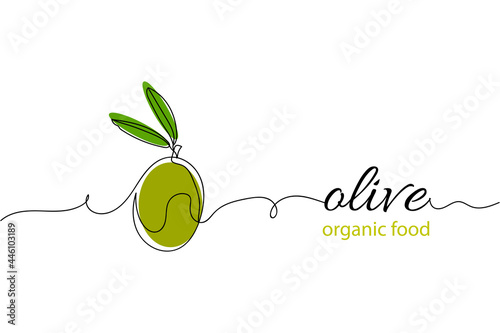 Continuous one line of olive organic food in silhouette on a white background. Linear stylized.Minimalist.