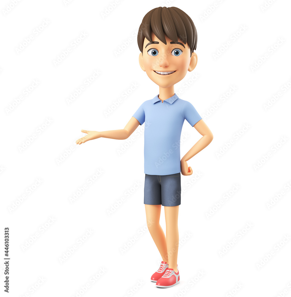 Cartoon character cheerful boy in a blue shirt points with his hands to an empty space. 3d render illustration. Cartoon character cheerful boy in a blue shirt points with his hands to an empty space. 3d render illustration.