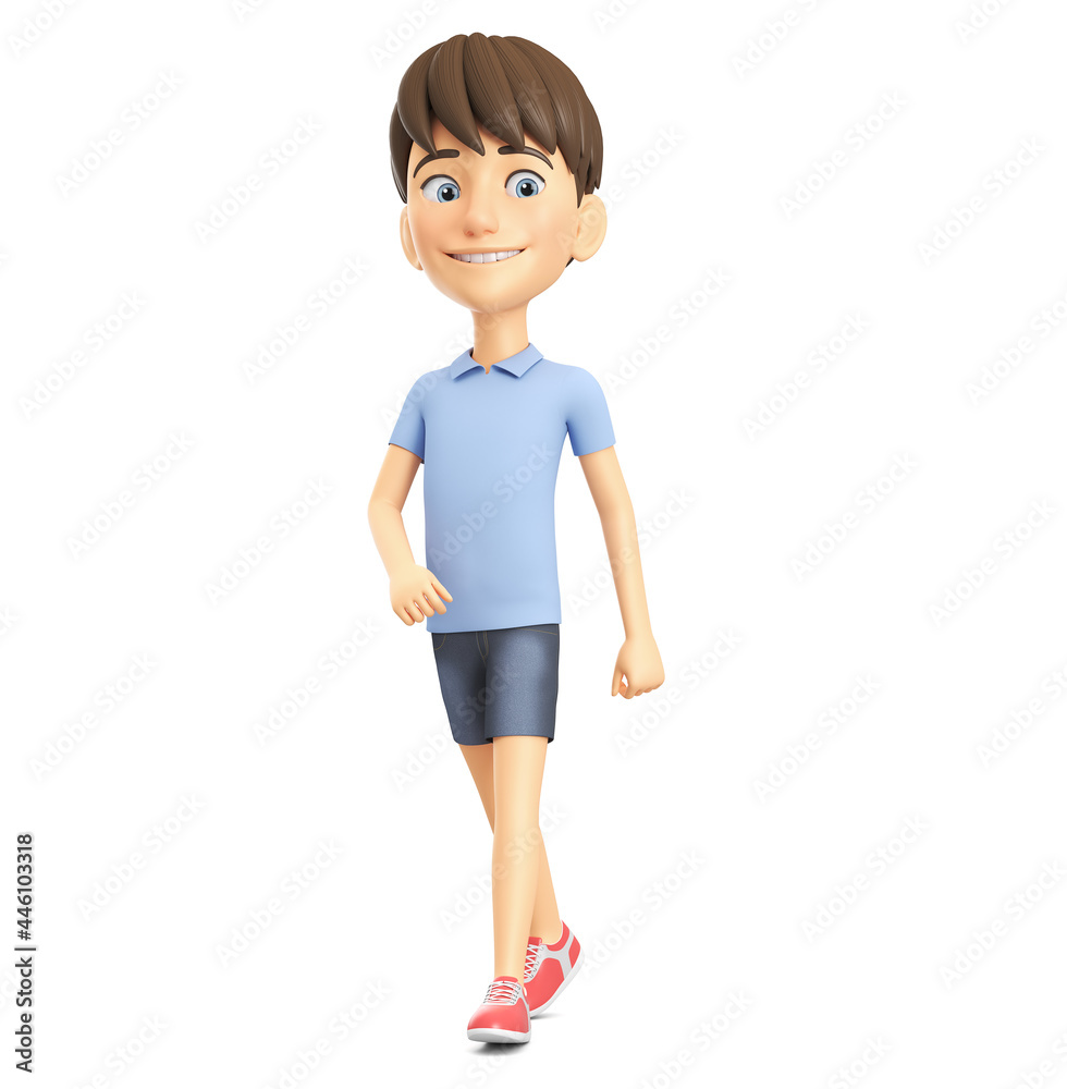 Cartoon character cheerful boy in a blue shirt is walking. 3d render illustration. Cartoon character cheerful boy in a blue shirt is walking. 3d render illustration.
