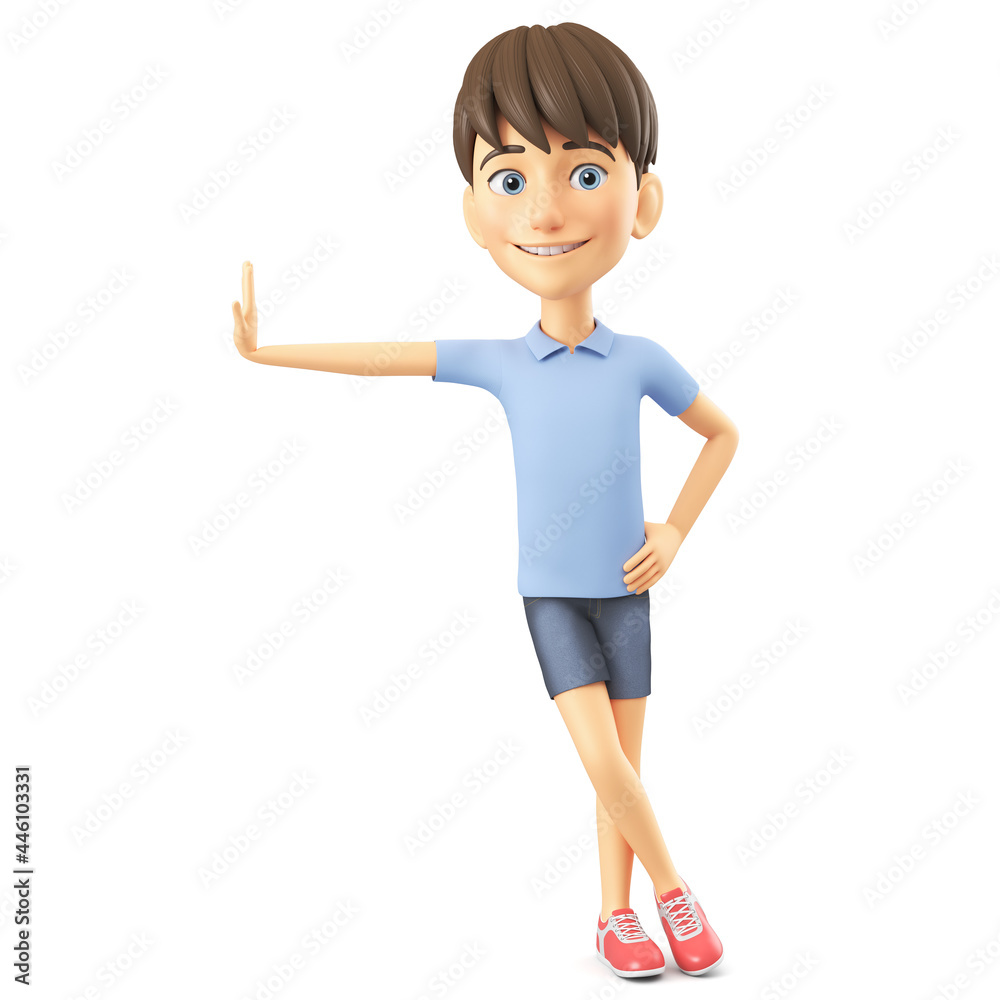 Cartoon character cheerful boy in a blue shirt leaned against a white background. 3d render illustration. Cartoon character cheerful boy in a blue shirt leaned against a white background. 3d render illustration.