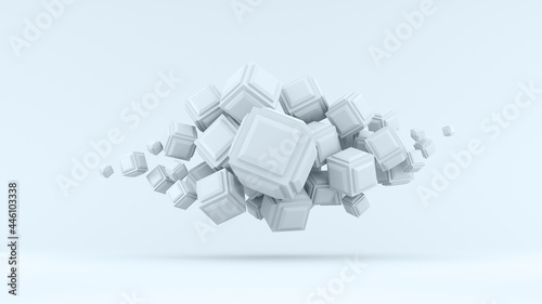 Abstraction from flying chamfered cubes on a blue background. 3d render illustration for ideas.