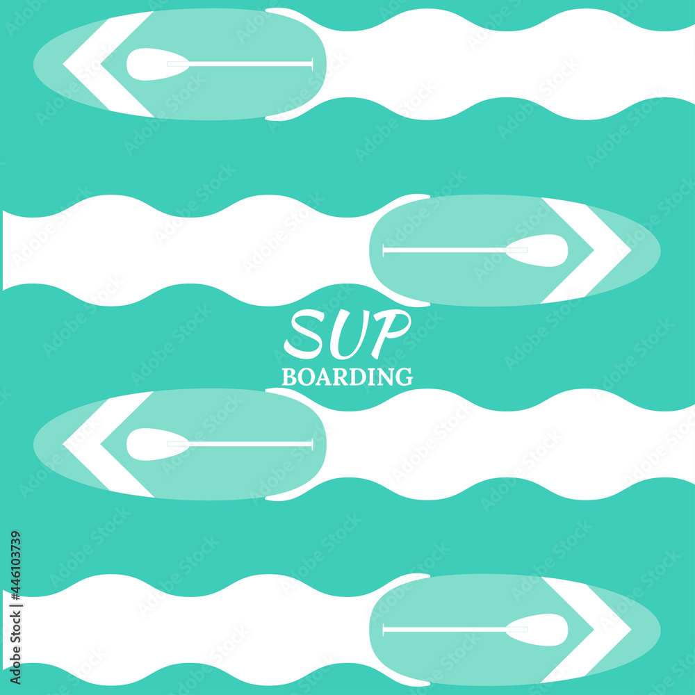 Stand Up Paddle- inflatable board, paddle an water background.  Vector illustration, flat style, background image for banner, poster.