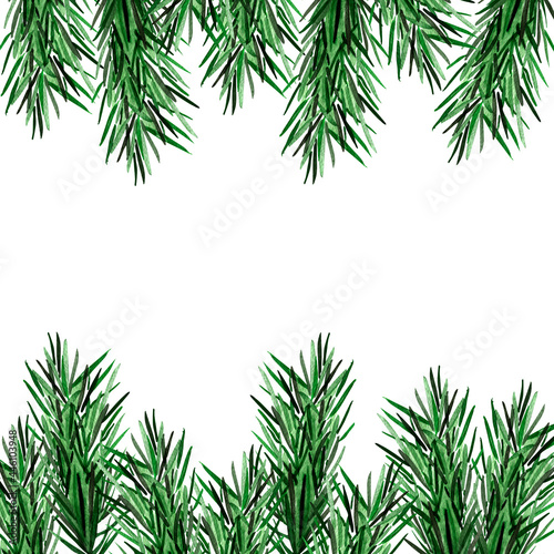Fir branches frame watercolor illustration. Template for decorating designs and illustrations. 