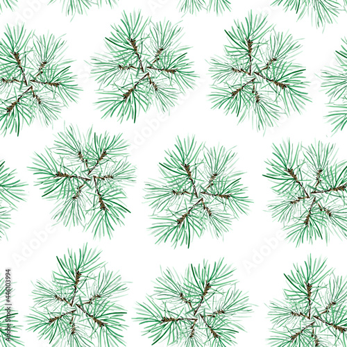 Pine snowflakes watercolor seamless pattern. Template for decorating designs and illustrations.