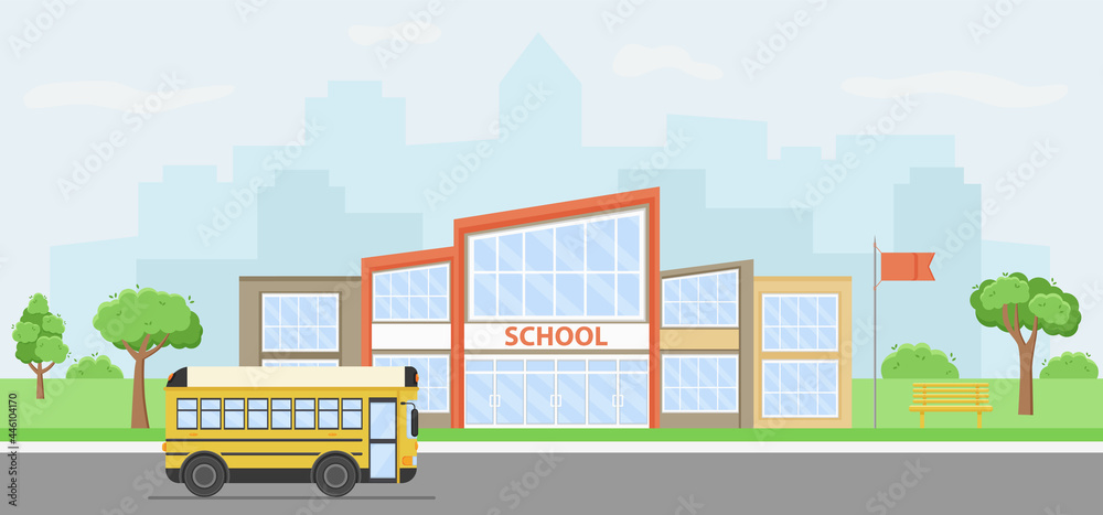Background for banner back to school. Summer cityscape with school building and yellow bus.